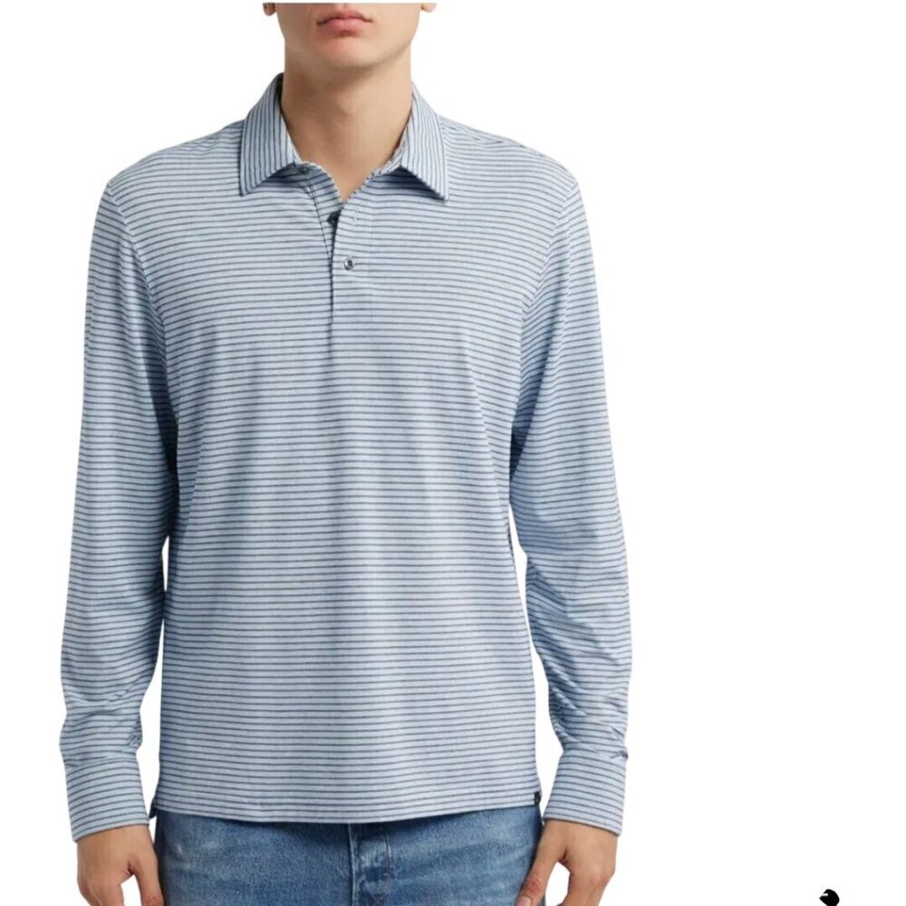 Faherty Movement Striped Long Sleeve Polo Blue Pima Cotton Blend Size XL